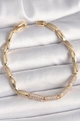 Pirinç Gold Renk Zirkon Taşlı Arpa Zincir Model Kadın Bileklik - TJ-BB6820