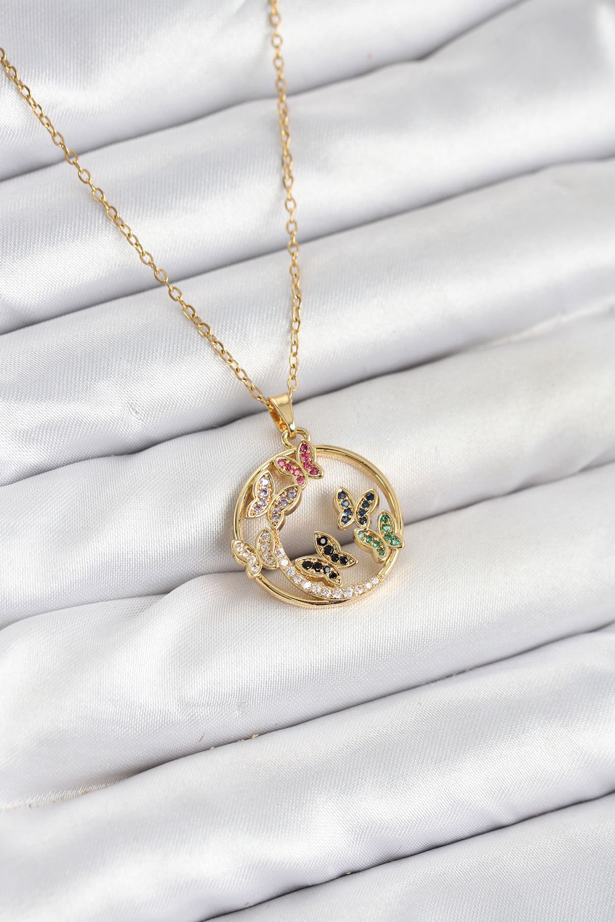 316L Çelik Zincir Gold Renk Zirkon Taşlı Kelebekli Kadın Kolye - TJ-BKO10609