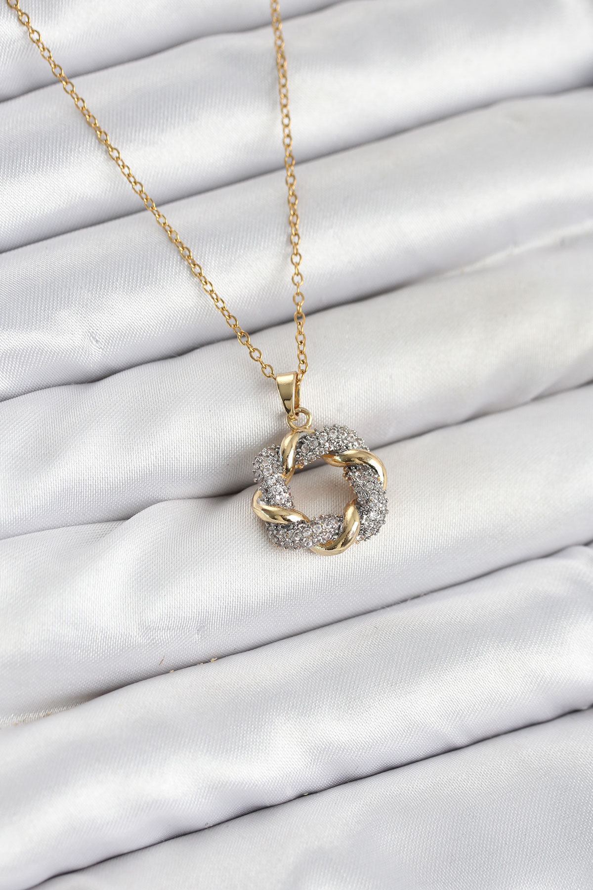 316L Çelik Zincir Gold Renk Zirkon Taşlı Sarmal Model Kadın Kolye - TJ-BKO10612