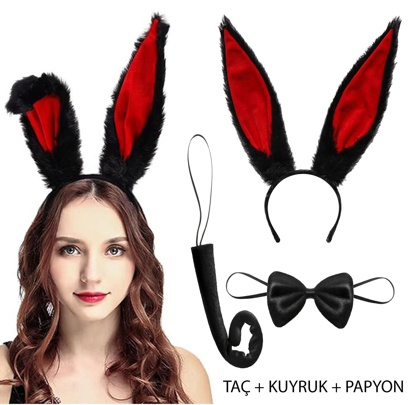 Siyah Kırmızı Renk Peluş Tavşan Kulak Papyon Kuyruk Yetişkin Boy (4944)
