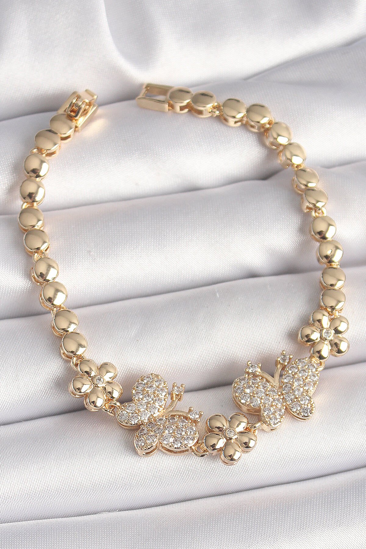 Pirinç Gold Renk Zirkon Taşlı Kelebek Figür Çiçek Zincir Model Kadın Bileklik - TJ-BB6826