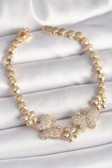 Pirinç Gold Renk Zirkon Taşlı Kelebek Figür Çiçek Zincir Model Kadın Bileklik - TJ-BB6826