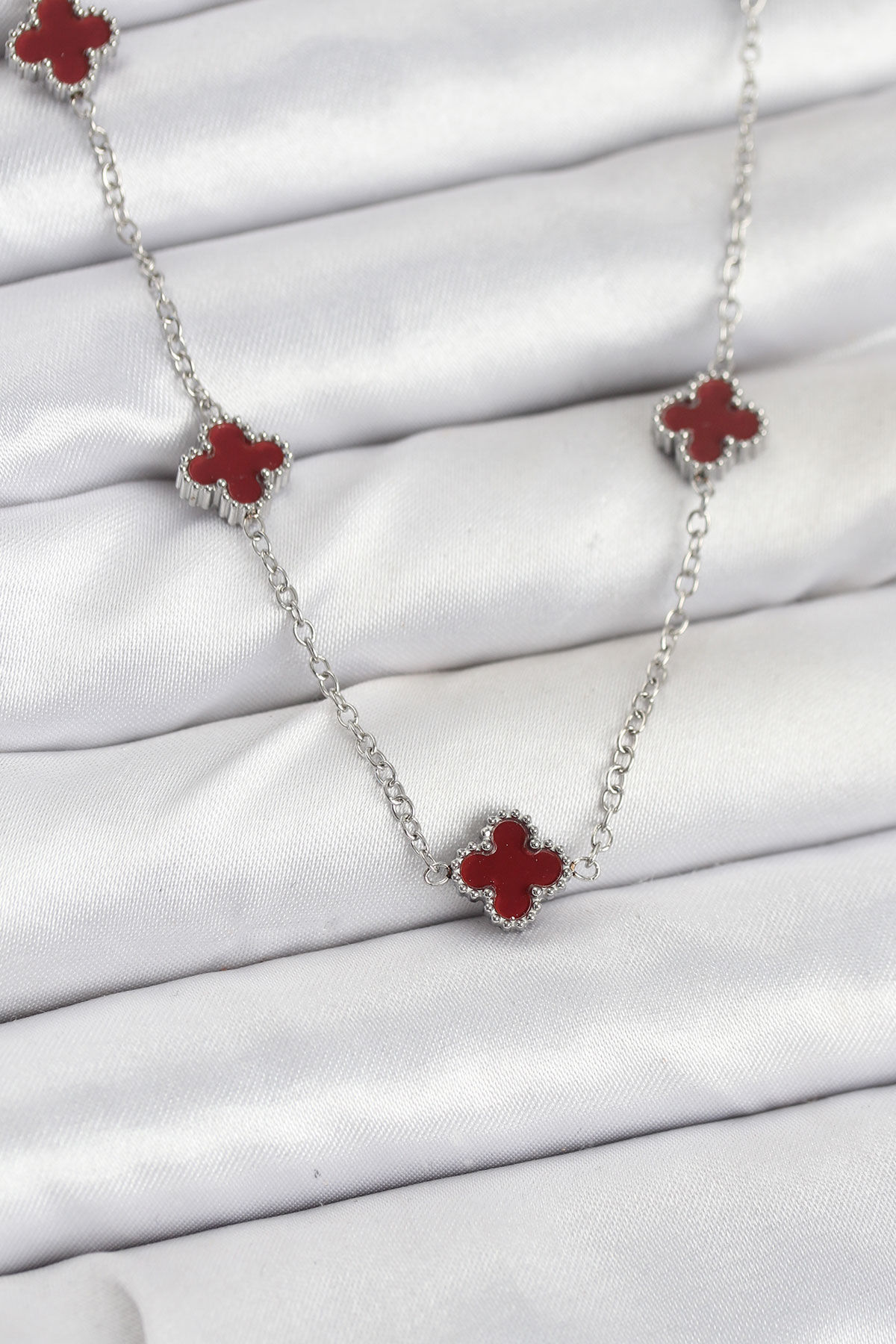 316L Çelik Zincir Gümüş Renk Bordo Baby Boy Yonca Kadın Kolye - TJ-BKO10577