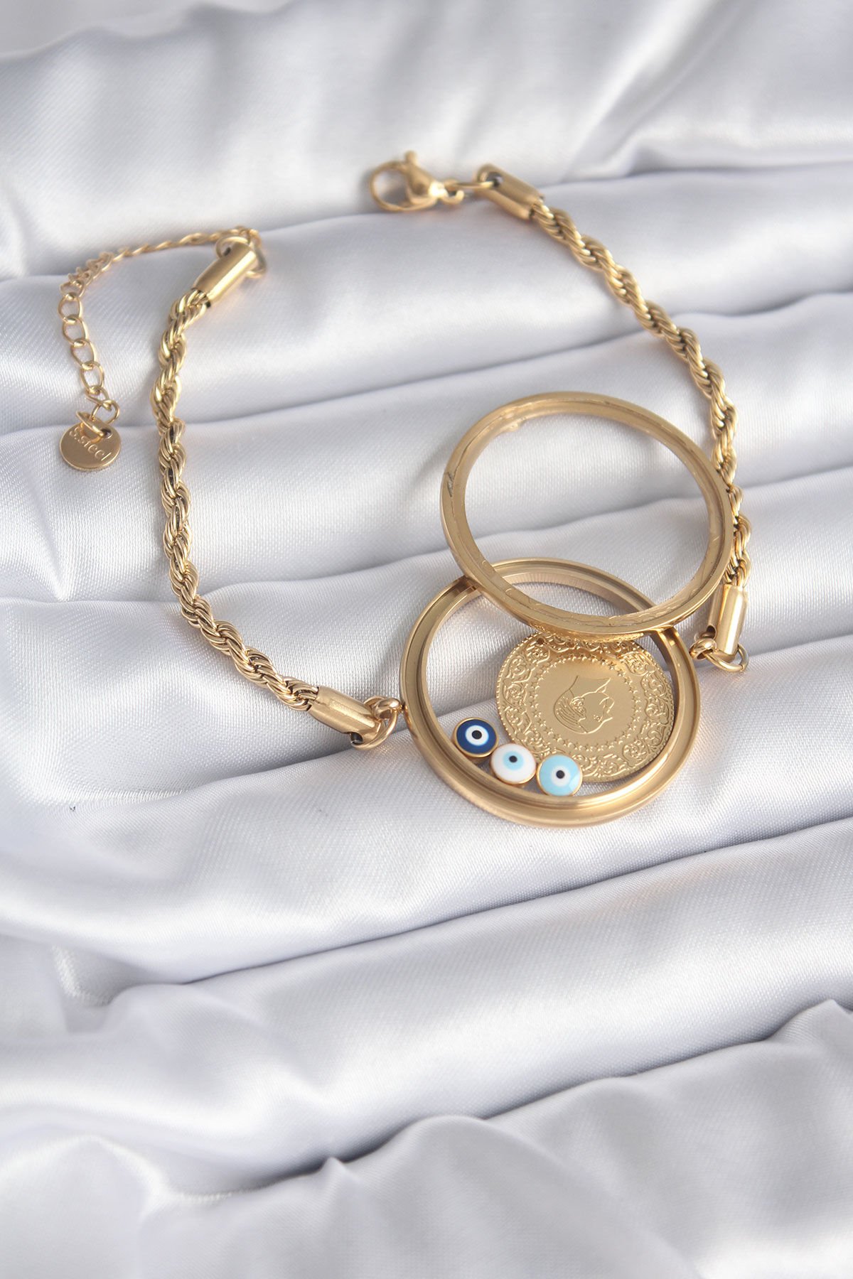 316L Çelik Gold Renk Burgu Zincir Fanus Çeyrk Model Kadın Bileklik - TJ-BB5787