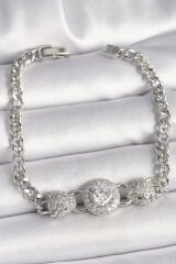 Pirinç Gümüş Renk Zirkon Taşlı Leopar Figür Zincir Model Kadın Bileklik - TJ-BB6829