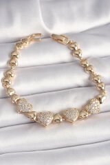 Pirinç Gold Renk Zirkon Taşlı Kalp Zincir Model Kadın Bileklik - TJ-BB6830