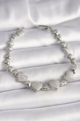 Pirinç Gümüş Renk Zirkon Taşlı Kalp Model Zincir Kadın Bileklik - TJ-BB6831