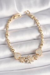Pirinç Gold Renk Zirkon Taşlı Çiçek Figür Kalp Zincir Model Kadın Bileklik - TJ-BB6832