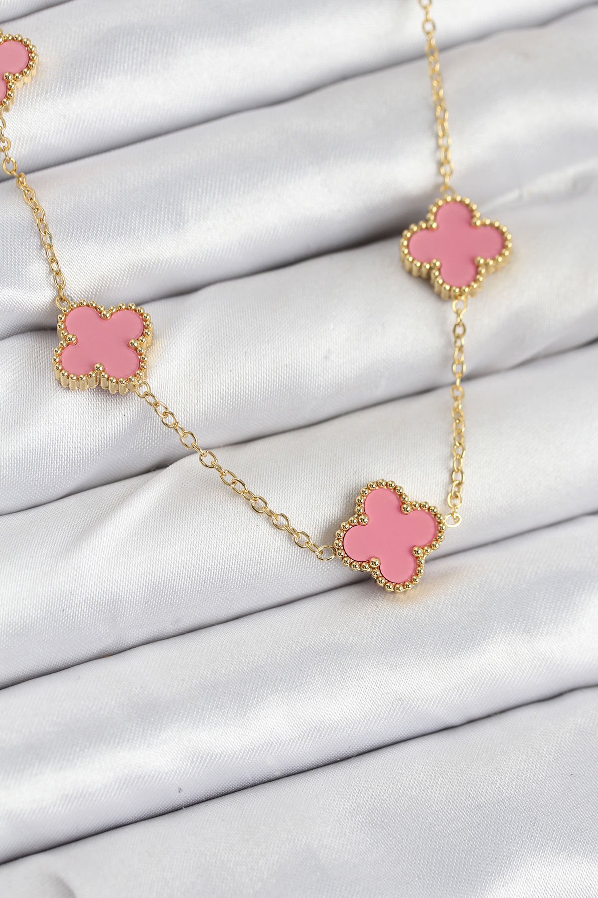 316L Çelik Zincir Gold Pembe Renk Yonca Kadın Kolye - TJ-BKO10583