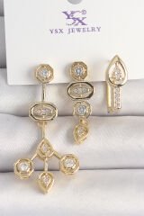 Pirinç Gold Renk Zirkon Taşlı Geometrik Model 3'Lü Kadın Kombin Küpe - TJ-BKP10433