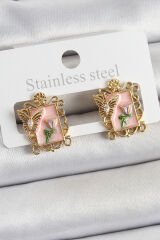 Pirinç Pembe Mineli Sanatsal Portre Model Gold Renk Kadın Küpe - TJ-BKP10685