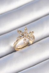 Pirinç Gold Renk Zirkon Taşlı Çiçek Model Kadın Yüzük - TJ-BYK3478