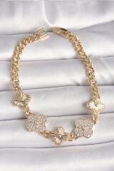 Pirinç Gold Renk Zirkon Taşlı Yonca Model Kadın Bileklik - TJ-BB6836