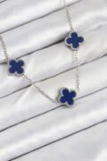 316L Çelik Zincir Gümüş Lacivert Renk Yonca Kadın Kolye - TJ-BKO10587