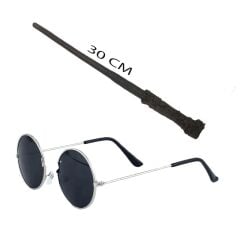 Harry Potter Asası 30 cm ve Siyah Metal Çerçeveli Harry Potter Gözlüğü Seti (4944)