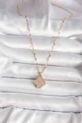 316L Çelik Gold Renk Zirkon Taşlı Yonca Model Kadın Kolye - TJ-BKO9680