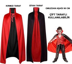 Çift Taraflı Kullanılabilir Siyah Kırmızı Yakalı Pelerin 90 cm Çocuk (4944)