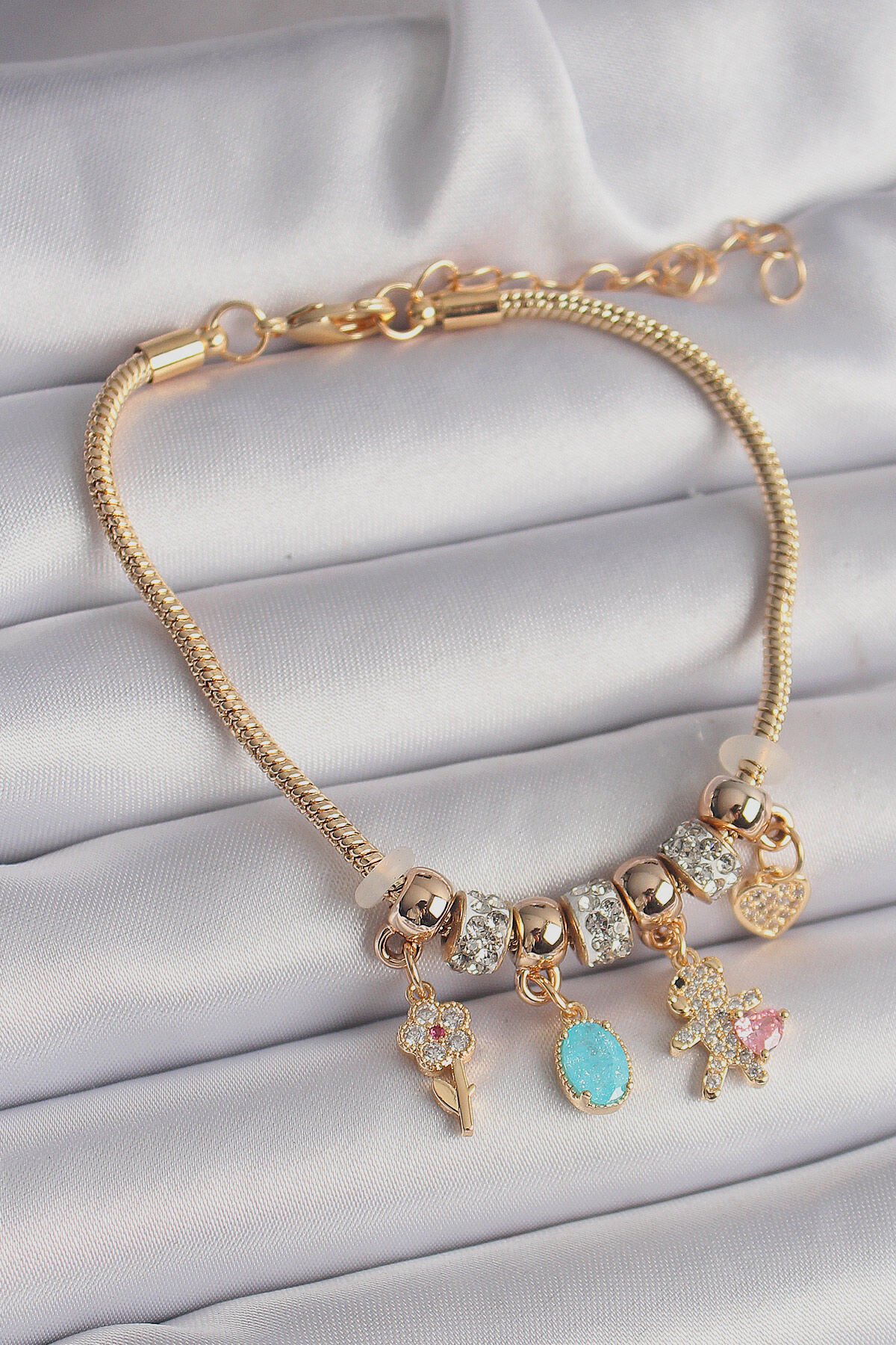316L Çelik Gold Renk Zincir Sallantı Zirkon Taşlı Ayıcık Model Charm Kadın Bileklik - TJ-BB6517
