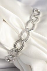 Pirinç Gümüş Renk Zirkon Taşlı Oval Zincir Model Kadın Bileklik - TJ-BB6848