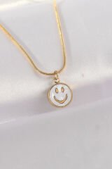 316L Çelik Zincir Altın Renk Mermer Desenli Minimal Smile Kolye - TJ-BKO8672