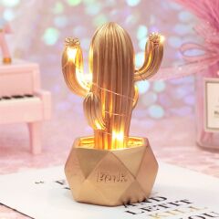 Led Işıklı Sevimli Kaktüs Dekoratif Masa Lambası Mini Biblo Gece Lambası-GOLD (4944)