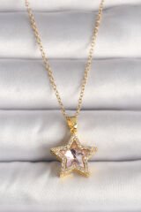 316L Çelik Gold Renk Zirkon Taşlı Pembe Yıldız Model Kadın Kolye - TJ-BKO9699