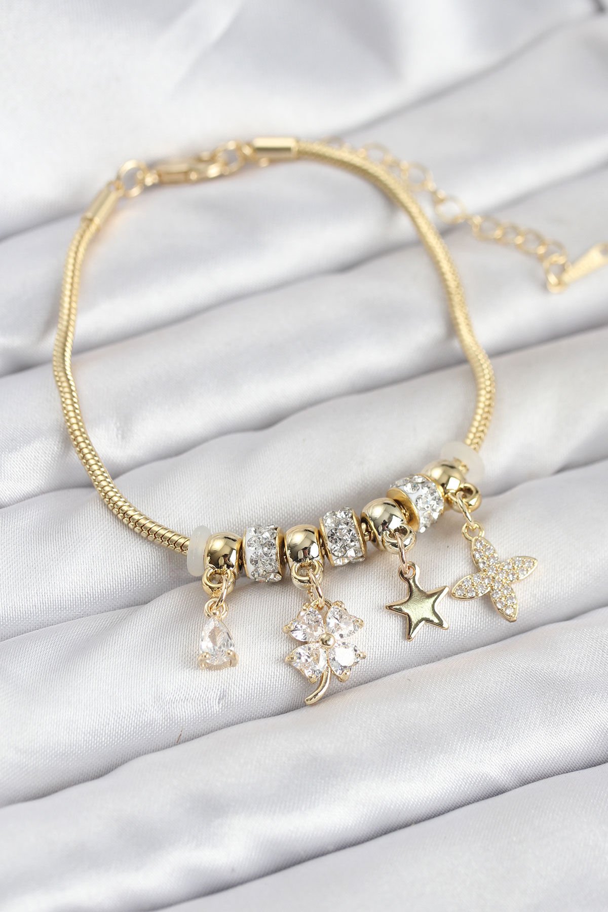 Gold Renk Pirinç Yonca Charmlı Kadın Bileklik - TJ-BB8203