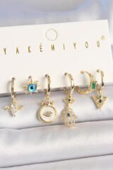 Pirinç Gold Renk Zirkon Taşlı Fatma Ana El Figür Nazar Boncuk Detay 6'Lı Kadın Kombin Küpe - TJ-BKP10453