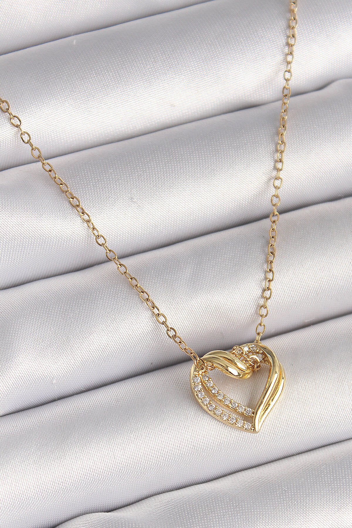 316L Çelik Gold Renk Zincir Zirkon Taşlı Kalp Model Kadın Kolye - TJ-BKO9890