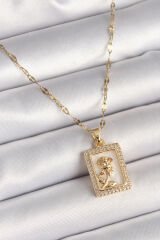 316L Çelik Gold Renk Zincir Zirkon Taşlı Beyaz Sedefli Portre Model Kadın Kolye - TJ-BKO9891