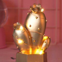 Led Işıklı Sevimli Kaktüs Dekoratif Masa Lambası Mini Biblo Gece Lambası Gold (4944)