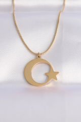 316L Çelik Zincir Gold Renk Ay Yıldız Unisex Kolye - TJ-BKO8699