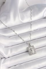 316L Çelik Gümüş Renk Zincir Zirkon Taşlı Beyaz Sedefli Gül Portre Model Kadın Kolye - TJ-BKO9892