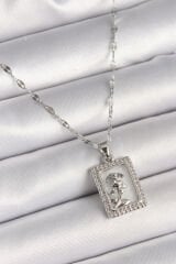 316L Çelik Gümüş Renk Zincir Zirkon Taşlı Beyaz Sedefli Gül Portre Model Kadın Kolye - TJ-BKO9892