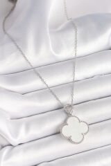 316L Çelik Gümüş Renk Zincir Zirkon Taş Detaylı Beyaz Yonca Model Kadın Kolye - TJ-BKO9894
