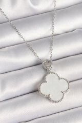 316L Çelik Gümüş Renk Zincir Zirkon Taş Detaylı Beyaz Yonca Model Kadın Kolye - TJ-BKO9894