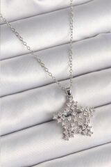 316L Çelik Gümüş Renk Zincir Zirkon Taşlı Kar Tanesi Model Kadın Kolye - TJ-BKO9896