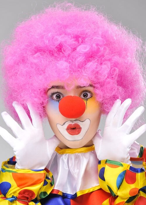 Pembe Renk Kıvırcık Afro Bonus Peruk Takma Saç ve Kırmızı Burun Seti (4944)