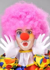 Pembe Renk Kıvırcık Afro Bonus Peruk Takma Saç ve Kırmızı Burun Seti (4944)