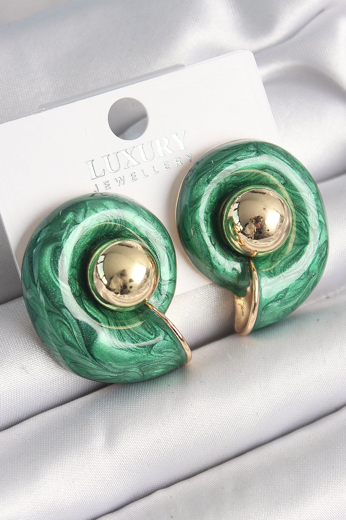Pirinç Gold Renk Yeşil Mineli Salyangoz Model Kadın Küpe - TJ-BKP10047