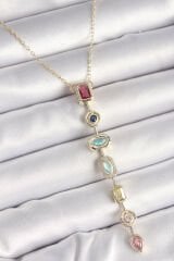 Pirinç Gold Renk Zirkon Taşlı Baget Dekolta Model Kadın Kolye - TJ-BKO9899