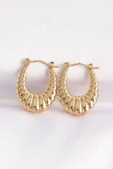 316L Çelik Gold Renk İri Çizgili Bombeli Halka Küpe - TJ-BKP8950