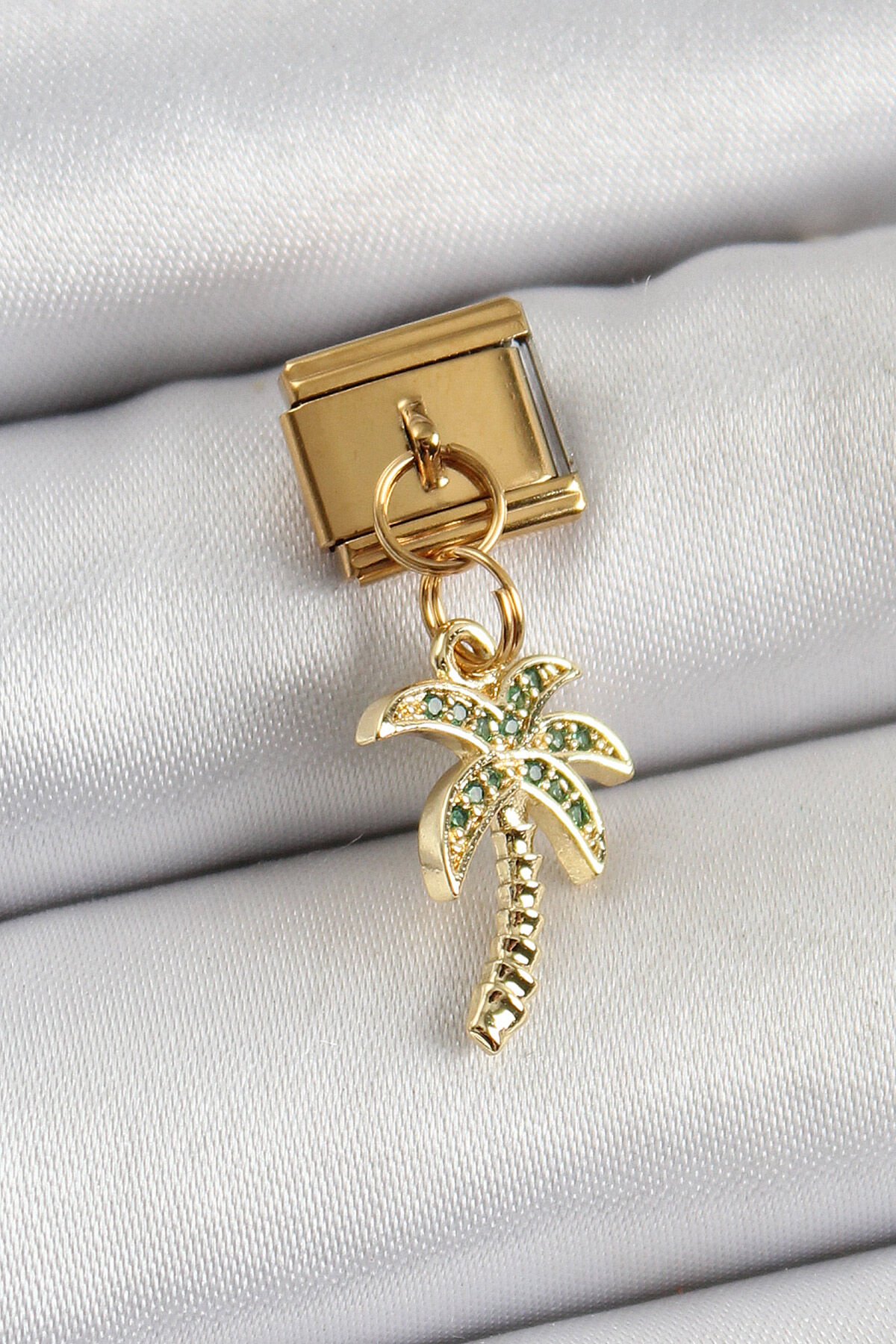 316L Çelik Sallantılı Zirkon Taşlı Palmiye Ağacı Model Gold Renk Nomination Charm - TJ-BC1398