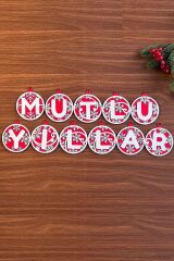 11 Harfli Kırmızı Beyaz İpli MUTLU YILLAR Yazılı Ahşap Yılbaşı Ağaç Süsü (4944)