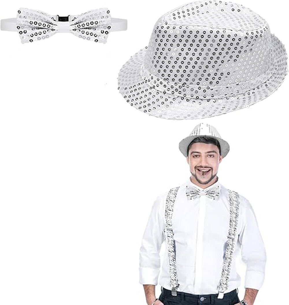 Gümüş Payetli Şapka ve Papyon Seti – Parıltılı Yetişkin Kostüm Seti