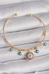 Pirinç Gold Renk Sallantı Zirkon Taşlı Nazar Boncuk Model Charm Bileklik - TJ-BB6549