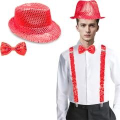 Kırmızı Payetli Şapka ve Papyon Seti – Parıltılı Yetişkin Kostüm Seti