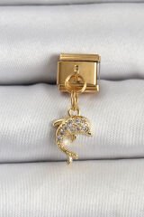 316L Çelik Sallantılı Zirkon Taşlı Yunus Balığı Model Gold Renk Nomination Charm - TJ-BC1407