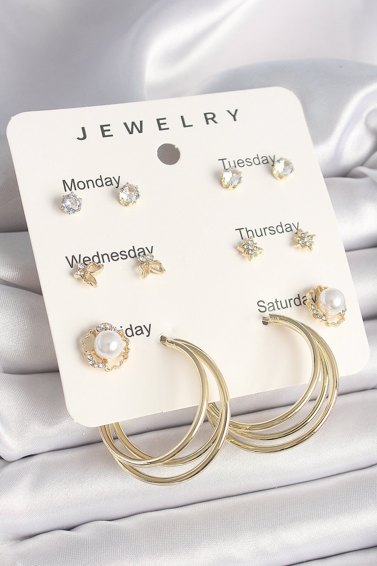 Pirinç Gold Renk Zirkon Taşlı İncili Halka Figür 7'Li Set Model Kadın Küpe Seti - TJ-BKP10319