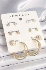 Pirinç Gold Renk Zirkon Taşlı İncili Halka Figür 7'Li Set Model Kadın Küpe Seti - TJ-BKP10319